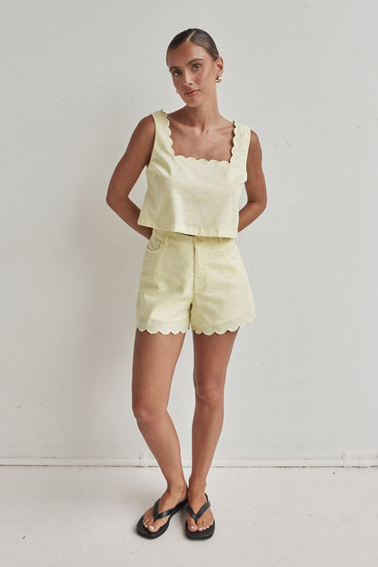 Butter Yellow Linen Crop Top – Scalloped Hem & Sleeveless Fit-2