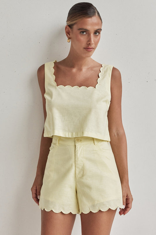 Butter Yellow Linen Crop Top – Scalloped Hem & Sleeveless Fit-0